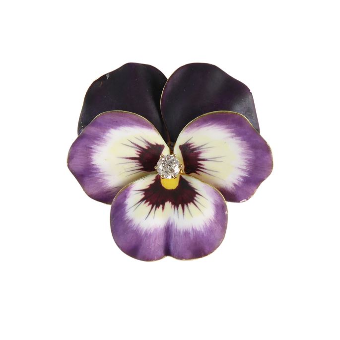 A.J. Hedges - Antique diamond, gold and purple and white enamel pansy brooch | MasterArt
